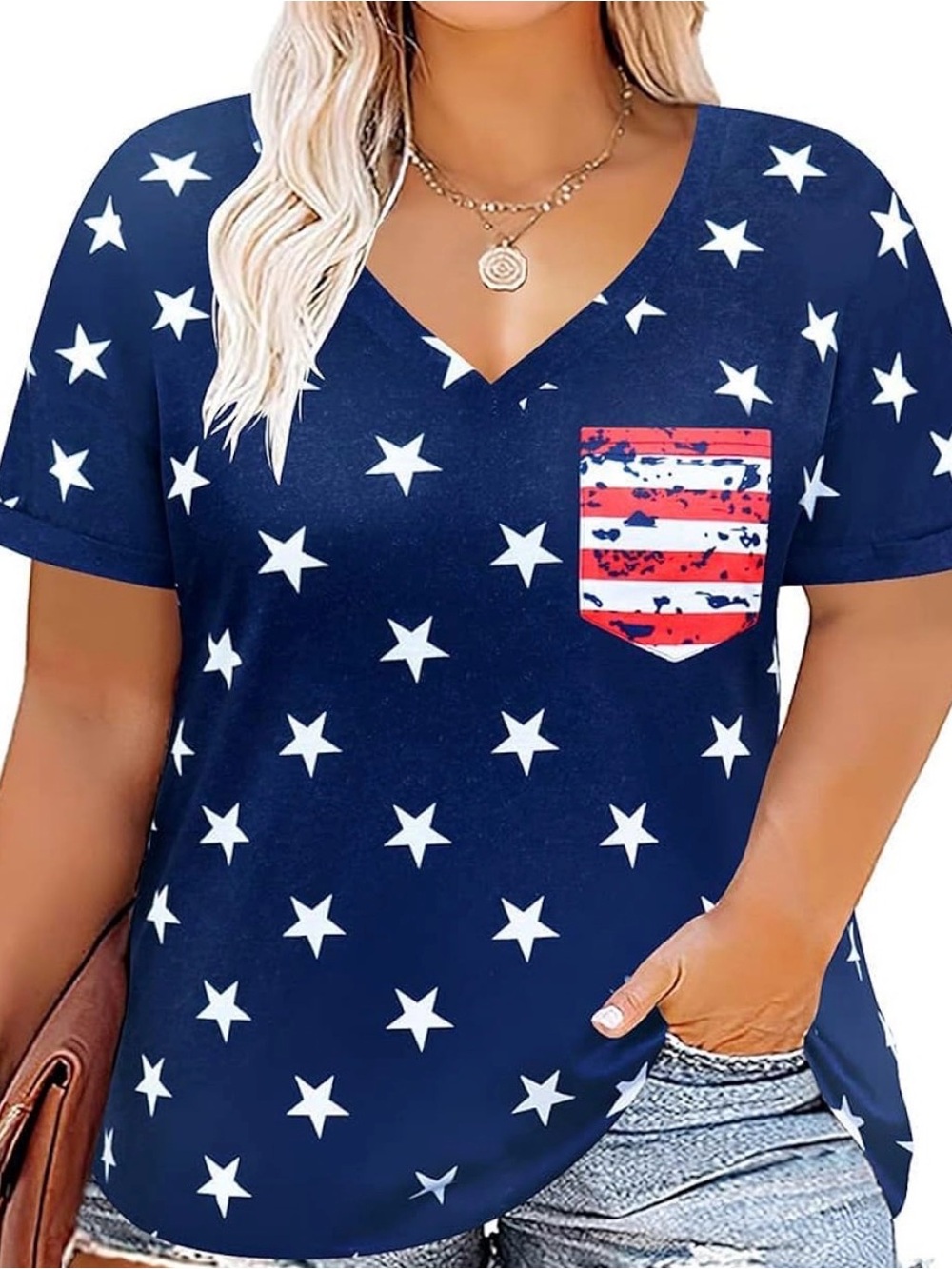 Women’s Plus Navy Star Print V-Neck Tee with Striped Pocket - 3XL